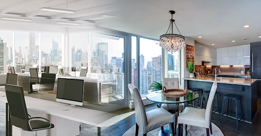 Modern apartment interior with city skyline view