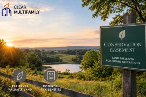 Conservation easement sign on preserved farmland overlooking a lake at sunset, highlighting land preservation and potential tax benefits