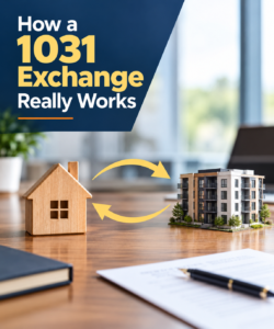 Infographic showing a 1031 exchange swapping one property for another