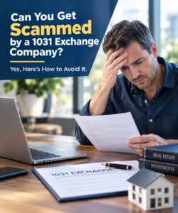 Frustrated real estate investor reviewing 1031 exchange paperwork, worried about being scammed