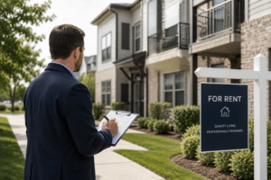 Real estate investor reviewing a property management agreement in front of a for rent apartment building