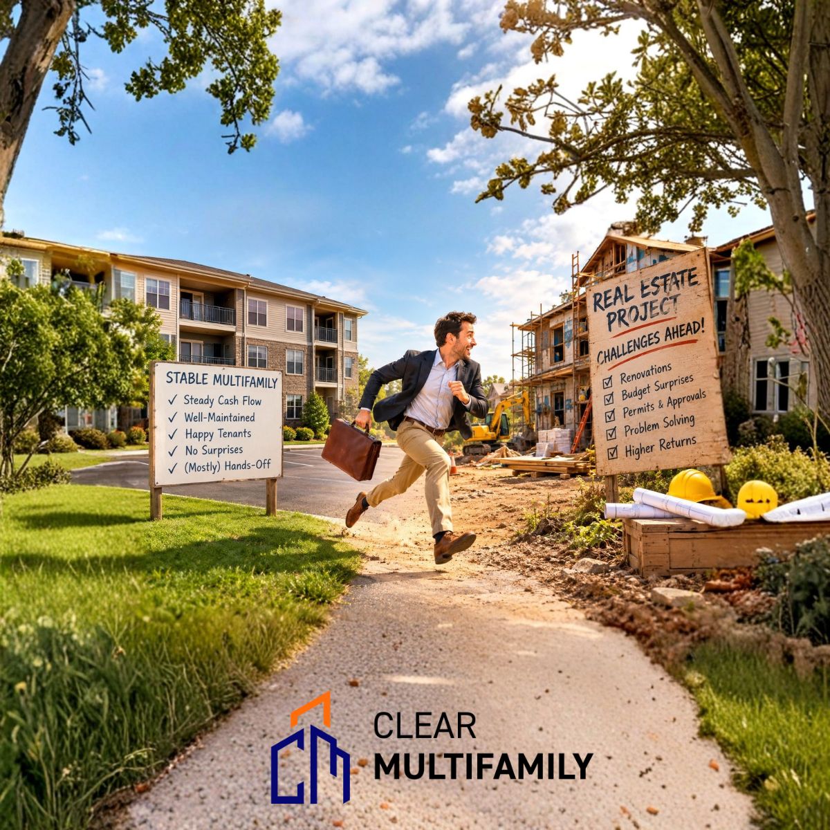 Investor with a briefcase running from a stable multifamily property with steady cash flow toward a real estate project with challenges ahead