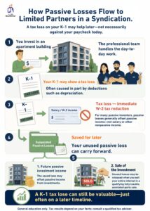 Clear Multifamily infographic showing how passive losses flow to limited partners in a syndication: a K-1 tax loss is suspended and carried forward until future passive income or the sale of the investment