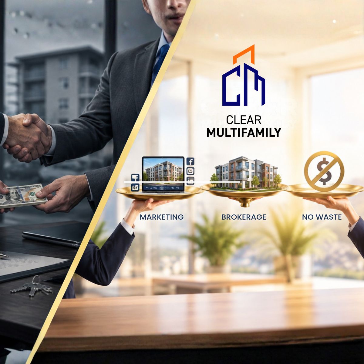 Clear Multifamily graphic contrasting the old way of hiring a broker, a handshake and cash changing hands, with paying only for marketing and brokerage and no waste